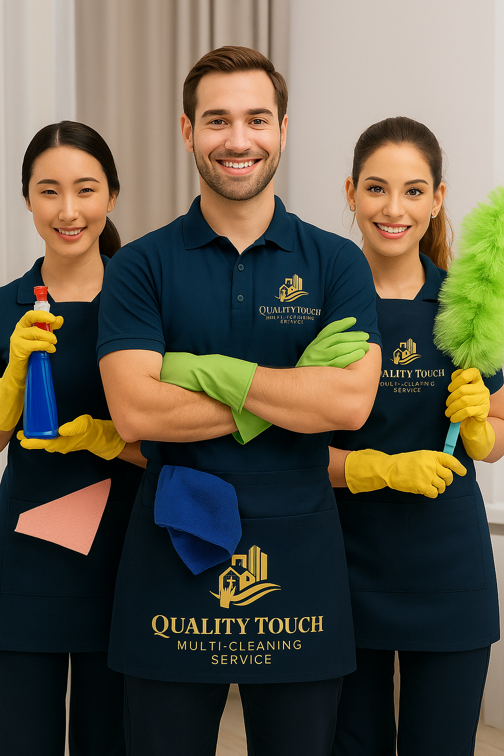 Quality Touch professional cleaners ready to clean residential or commercial spaces with branded uniforms.