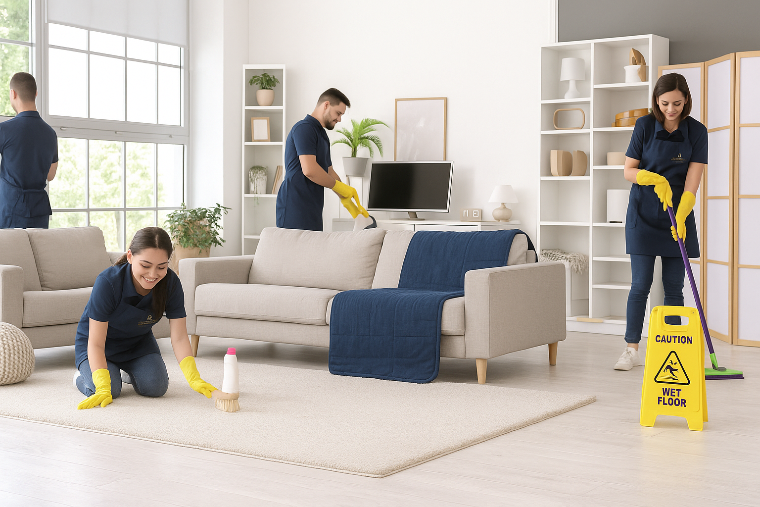 Professional cleaning team sanitizing a modern living room with Quality Touch service uniforms