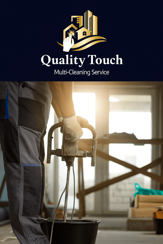 Construction worker preparing flooring mix with an industrial mixer inside a building under construction, featuring the Quality Touch Multi-Cleaning Service logo.