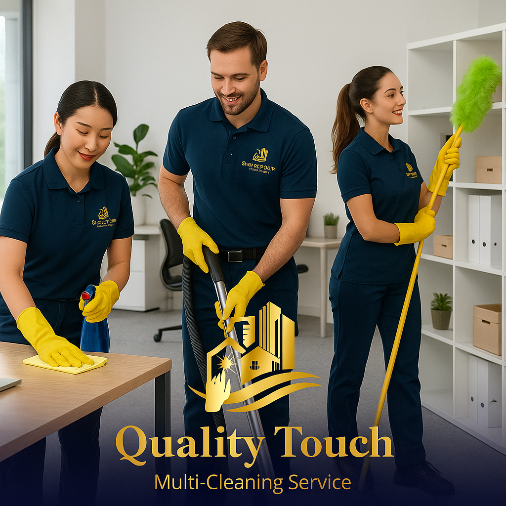 Quality Touch professional cleaners sanitizing a modern corporate office with branded uniforms