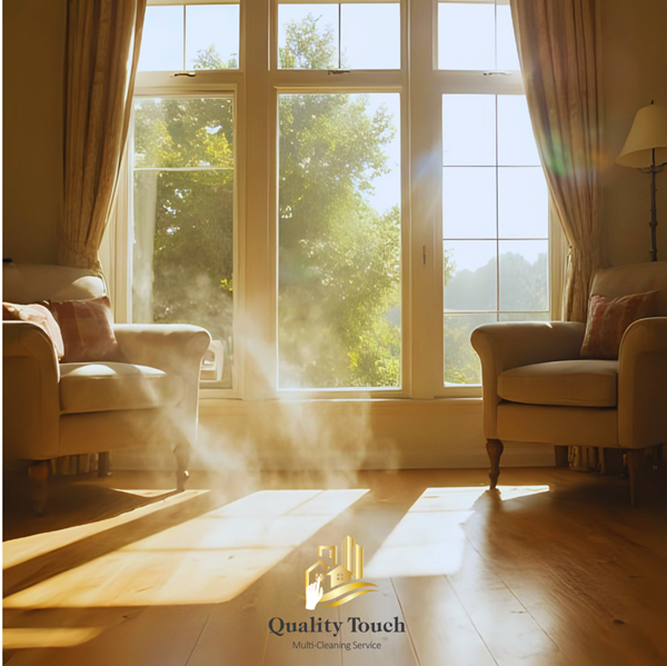 Sunlight streaming through large windows into a freshly cleaned luxury living room by Quality Touch Multi-Cleaning Service.