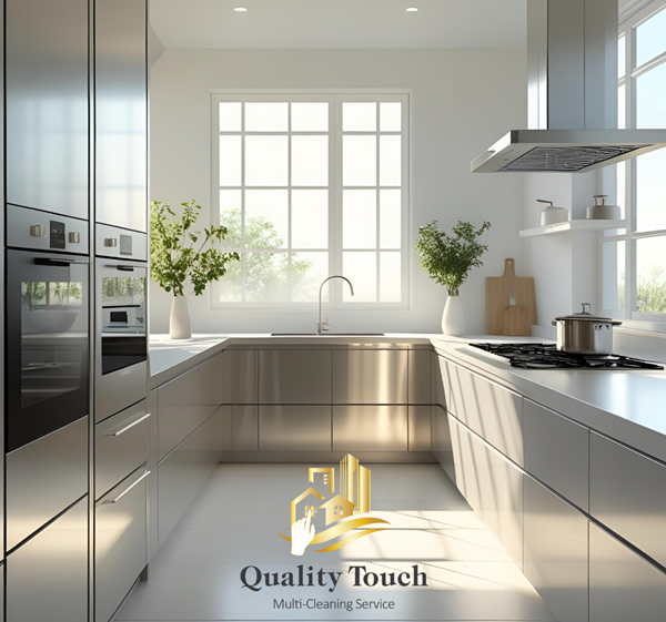 Modern kitchen sparkling with natural light after a professional clean by Quality Touch Multi-Cleaning Service.